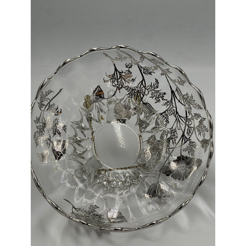 Vtg Art Deco Clear Glass Centerpiece Fruit Footed Bowl Silver Floral Accents MCM